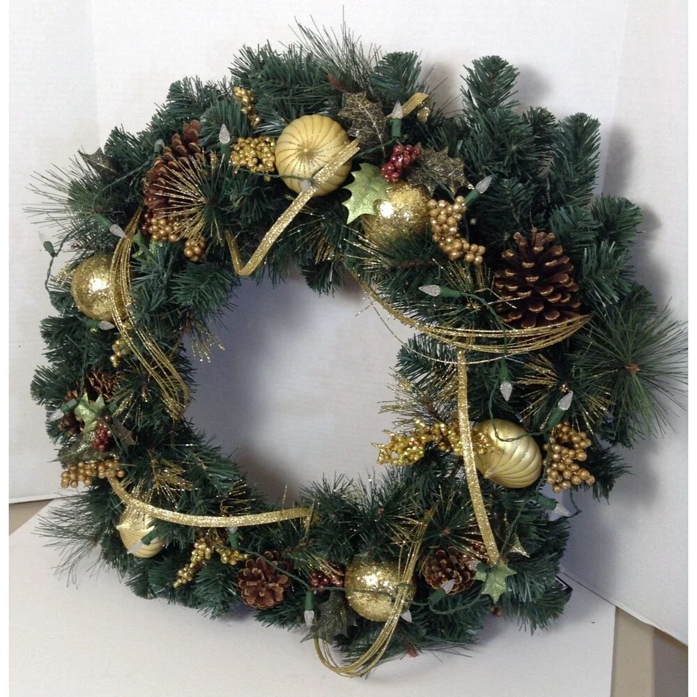Christmas Wreath PreLit Green/Gold Pine Cones Balls Glamour Front Door Wall 23